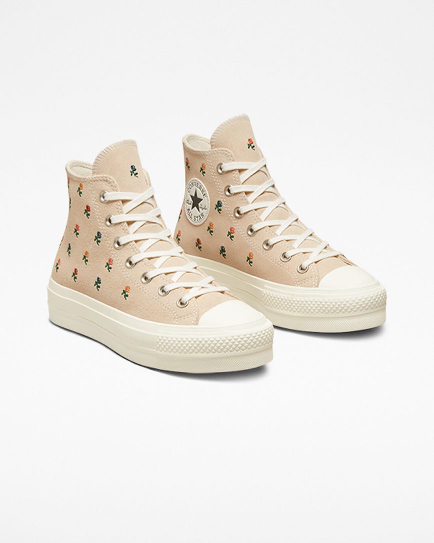 Zapatos Plataforma Converse Chuck Taylor All Star Lift Embroidered Roses Altas Mujer Beige | PE 854PW0